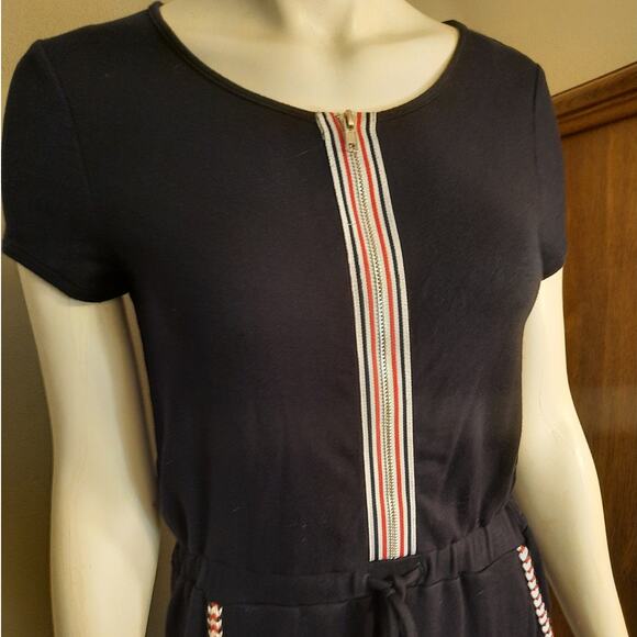 Venus Navy Blue Striped Hem Dress Sz Small Contrast Hem Zipper Fun Cute Sporty - Picture 11 of 13